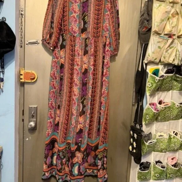 Boho Retro Chiffon Long Sleeve Geometric Floral Maxi Dresses - Picture 16 of 16